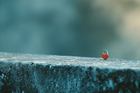 A close up macro photograph of a small red ladybug sitting alone on the edge of a textured gray stone wall. The background is a soft, out of focus teal and green.の写真素材