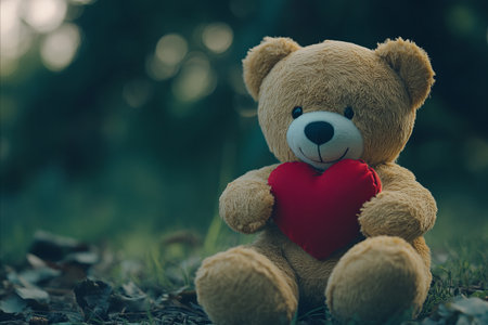 A cute teddy bear holding a red heart, sitting in the grass, a symbol of love and affection.の写真素材