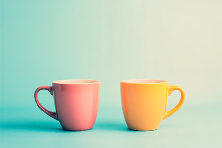 Two pastel-colored mugs sit side by side against a light teal background. One mug is pink, the other yellow.の写真素材
