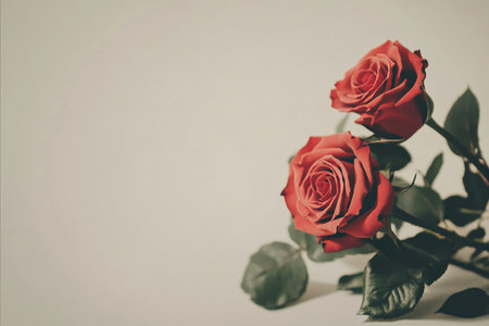 Two red roses with dark green leaves are placed on a light beige surface. The roses are in full bloom, with visible petals and intricate details.の写真素材
