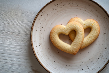 Two golden-brown, heart-shaped cookies are placed side-by-side on a light-colored, speckled ceramic...