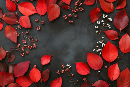 A top-down view of brilliant red autumn leaves and small berries arranged around a central dark,...
