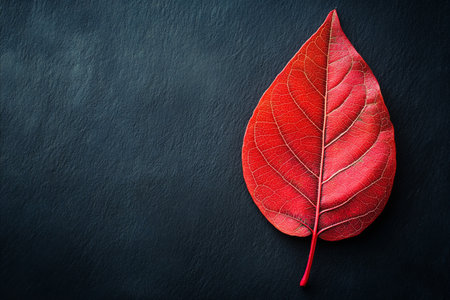 A striking single red leaf with prominent veins rests on a dark, textured background, creating a...