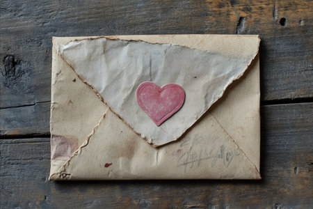 An old, weathered envelope with a torn paper heart on a rustic wooden surface, evoking feelings of...