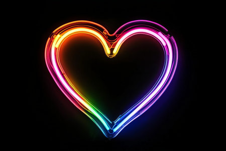A colorful neon heart shape, outlined in a spectrum of rainbow colors, against a black backdrop. The...