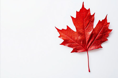 Close-up of a single, vibrant red maple leaf, isolated against a plain white background. The leaf is...