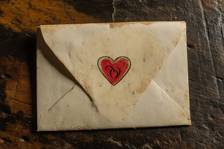 A weathered envelope with a red heart seal rests on a textured wooden surface, evoking a sense of nostalgia and romance.の写真素材