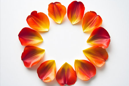 A circle of bright orange and yellow tulip petals on a white background. The petals are arranged to create a frame.の写真素材