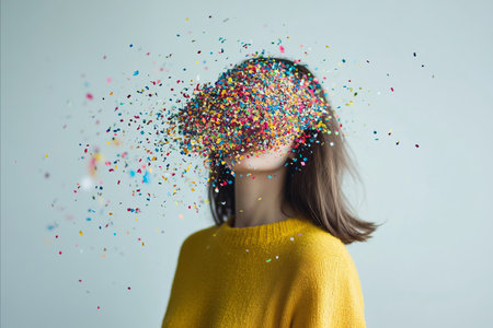 A woman in a yellow sweater is showered with colorful sprinkles, obscuring her face in a whimsical and artistic portrait against a light background.の写真素材