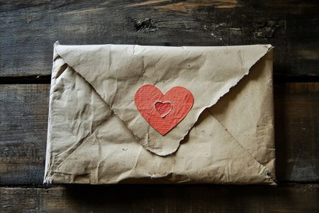 A close-up view of an old, crumpled envelope sealed with a red heart, resting on a dark, textured wooden surface, evoking feelings of nostalgia and romance.の写真素材
