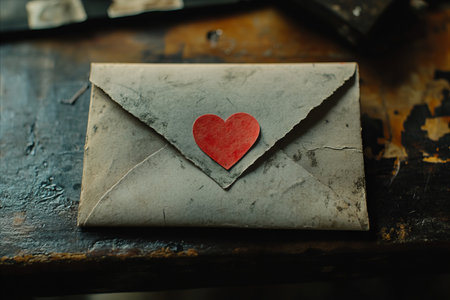 A worn, gray envelope with a small red paper heart rests on a dark, textured surface. The image evokes feelings of nostalgia and romance.の写真素材