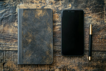 Notebook, smartphone, and pen arranged on a wooden surface, capturing a workspace setup.の写真素材