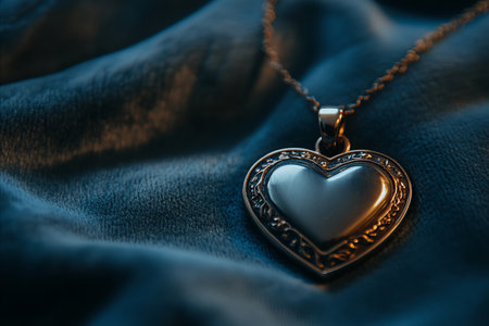 A close up macro shot of a beautiful silver heart shaped pendant with an ornate border. The vintage jewelry lies on a soft, dark blue textured fabric with warm lighting.の写真素材