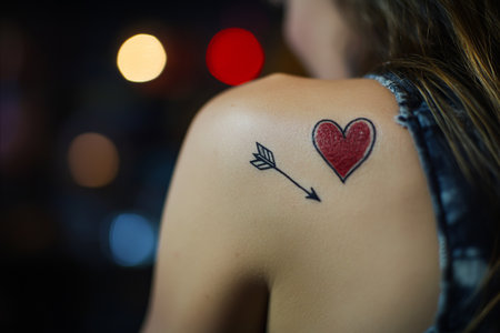 A close-up view from behind of a womans shoulder featuring a temporary tattoo of a red heart pierced by an arrow. The background is dark with colorful bokeh lights.の写真素材