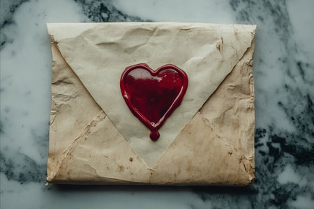 Top down view of an antique stained parchment envelope sealed with a shiny red wax heart resting on...