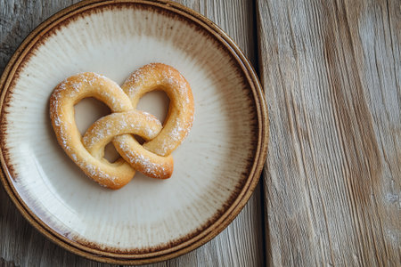 Top down view of a single golden brown pretzel shaped sugar cookie on a textured ceramic plate. The background is a rustic weathered wooden surface with copy space.の写真素材