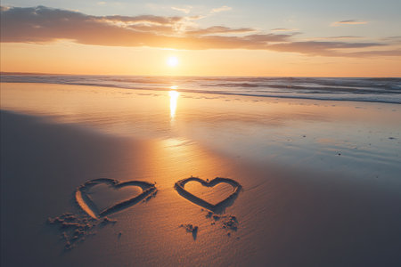 A beautiful sunrise over a beach with two hearts drawn in the sand. Perfect for a romantic or peaceful moment.の写真素材