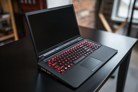 A black gaming laptop sits on a dark table, its red-lit keyboard glowing. The screen is dark,...