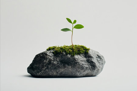 A small plant sprouts from a rock, symbolizing growth and resilience against a neutral background.の写真素材