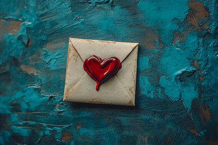 Close-up of a vintage envelope sealed with a red heart-shaped wax stamp, set against a textured blue background.の写真素材