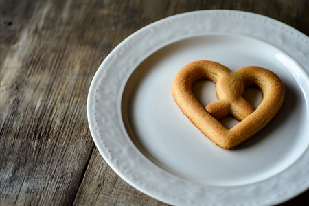 A single golden brown pretzel baked into a heart shape served on a simple white ceramic plate. The background is a dark rustic wooden surface creating a warm cozy feel.の写真素材