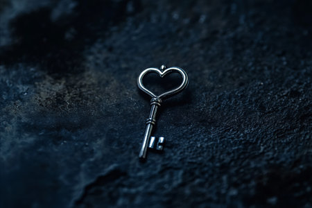 A close-up shot of an antique heart-shaped key resting on a dark, textured surface. The image evokes a sense of mystery and intrigue.の写真素材