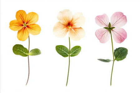 A beautiful collection of three pressed and dried flowers. Yellow, peach, and pink blossoms with green leaves and stems isolated on a clean white background. Herbarium concept.の写真素材