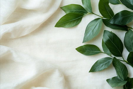 Elegant composition featuring delicate fabric and vibrant green leaves, creating a serene and natural aesthetic.の写真素材