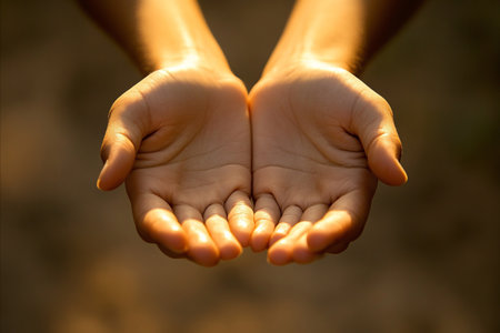 Open hands, palms up, offering or receiving. Warm sunlight illuminates the skin, creating a sense of...