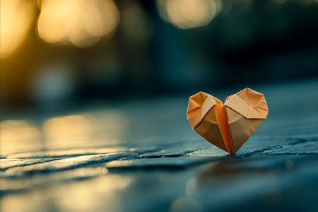A delicate origami heart rests on a textured surface, bathed in warm, golden light. The soft focus and gentle tones create a serene and peaceful atmosphere, evoking feelings of love and tranquility.の写真素材