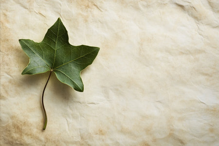 A single, vibrant green ivy leaf with a delicate stem rests on a textured beige surface, creating a minimalist and natural composition.の写真素材