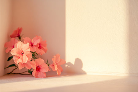 A serene composition featuring delicate pink hibiscus flowers bathed in soft, warm light, creating a peaceful and inviting atmosphere. The minimalist setting enhances the natural beauty of the blooms.の写真素材