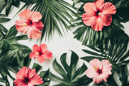 A beautiful arrangement of vibrant pink hibiscus flowers and lush tropical leaves, including palm fronds and monstera leaves, artfully arranged on a white background. Perfect for a summery or tropical design.の写真素材