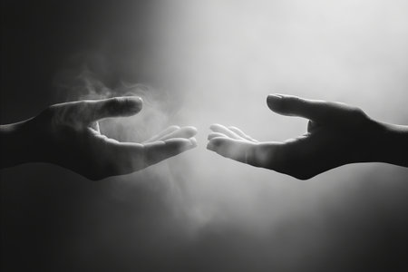 A grayscale, close-up shot of two human hands extending towards each other, enveloped in a misty atmosphere with a central light source, conveying themes of support and unity.の写真素材