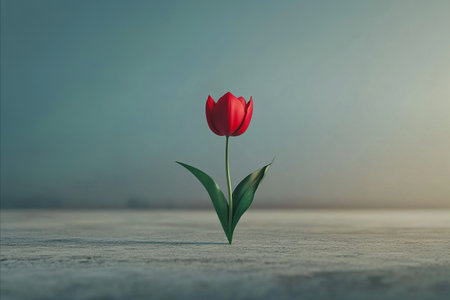 A vibrant red tulip, with its delicate petals, is the focal point, set against a soft, blurred background.の写真素材