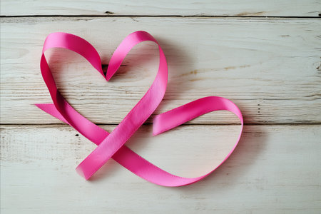 Two pink ribbons are arranged to form two hearts on a light wooden surface. The ribbons are smooth and create a delicate, romantic image.の写真素材