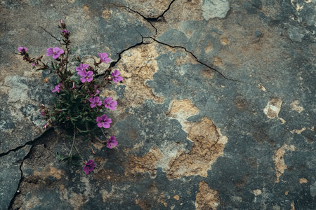 A small cluster of purple flowers grows out of a crack in an old concrete wall, symbolizing resilience and beauty in unexpected places.の写真素材