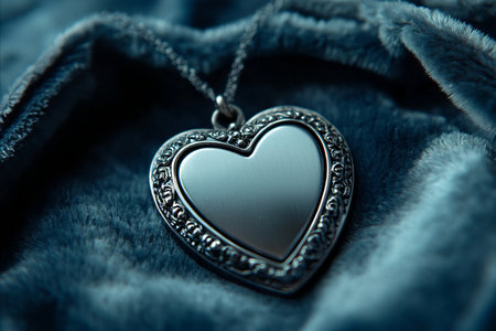A close up macro shot of an antique silver heart shaped locket with an ornate border resting on a luxurious dark blue velvet cloth, a symbol of love and memory.の写真素材