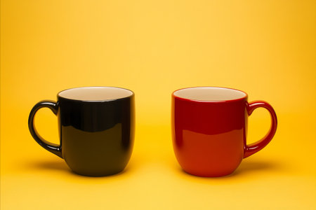 A black mug and a red mug sit side by side against a vibrant yellow backdrop. The image is simple yet striking, ideal for various design projects.の写真素材