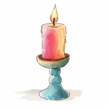A vibrant watercolor painting of a single lit candle, featuring a pink and orange wax candle in a teal and blue decorative candlestick holder, casting a warm glow.のイラスト素材