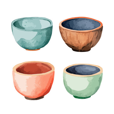 A beautiful watercolor illustration of four unique handmade ceramic bowls. The set includes colorful pottery in shades of green, blue, brown, and red, isolated on a white background.のイラスト素材