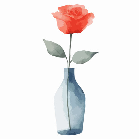A beautiful watercolor illustration of a single red rose with delicate leaves in a simple blue vase. This artistic floral painting has a soft, elegant feel on a white background.のイラスト素材