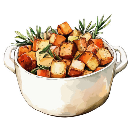 A watercolor illustration of a bowl of delicious homemade bread stuffing, seasoned with herbs and vegetables.のイラスト素材