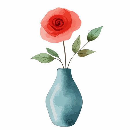 A watercolor illustration of a vibrant red rose with green leaves in a blue vase, showcasing a soft and artistic floral design.のイラスト素材
