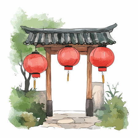 A charming watercolor illustration of a traditional Chinese gate adorned with red lanterns, surrounded by lush greenery and foliage.のイラスト素材