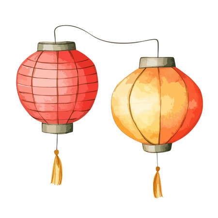 Two watercolor Chinese lanterns, one red and one orange, connected by a wire, with tassels hanging below, isolated on a white background.のイラスト素材
