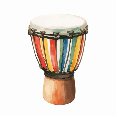 A hand painted watercolor illustration of a traditional African djembe drum. The musical instrument features a vibrant, colorful striped pattern and is isolated on a white background.のイラスト素材