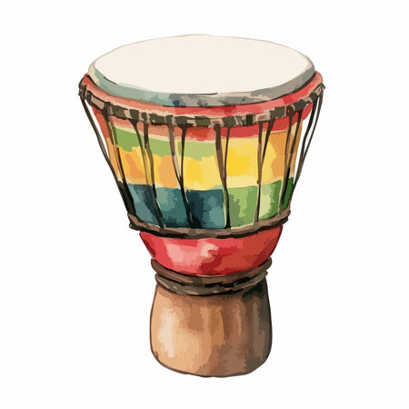 A vibrant hand painted watercolor illustration of a traditional African djembe drum. The colorful instrument is isolated on a clean white background for easy use.のイラスト素材