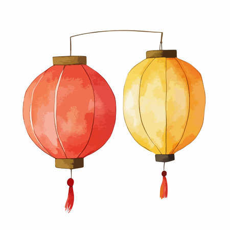 Watercolor style illustration of two vibrant Chinese lanterns, one orange and one yellow, hanging from a wire. The lanterns have traditional Asian design elements.のイラスト素材
