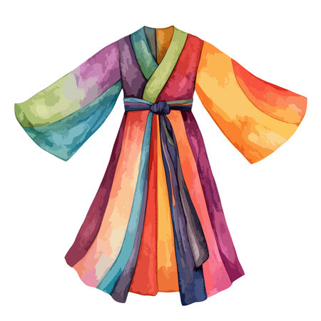 Watercolor painting of a vibrant rainbow kimono dress, showcasing a unique fashion design with flowing sleeves and a belted waist.のイラスト素材